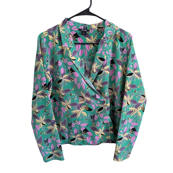 Monki Tops - Monki Oversized Collared Double Breasted Blouse Green Pink Floral Medium